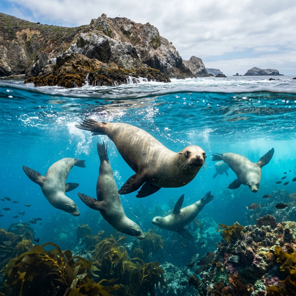 Nado con lobos marinos en las Islas Palomino